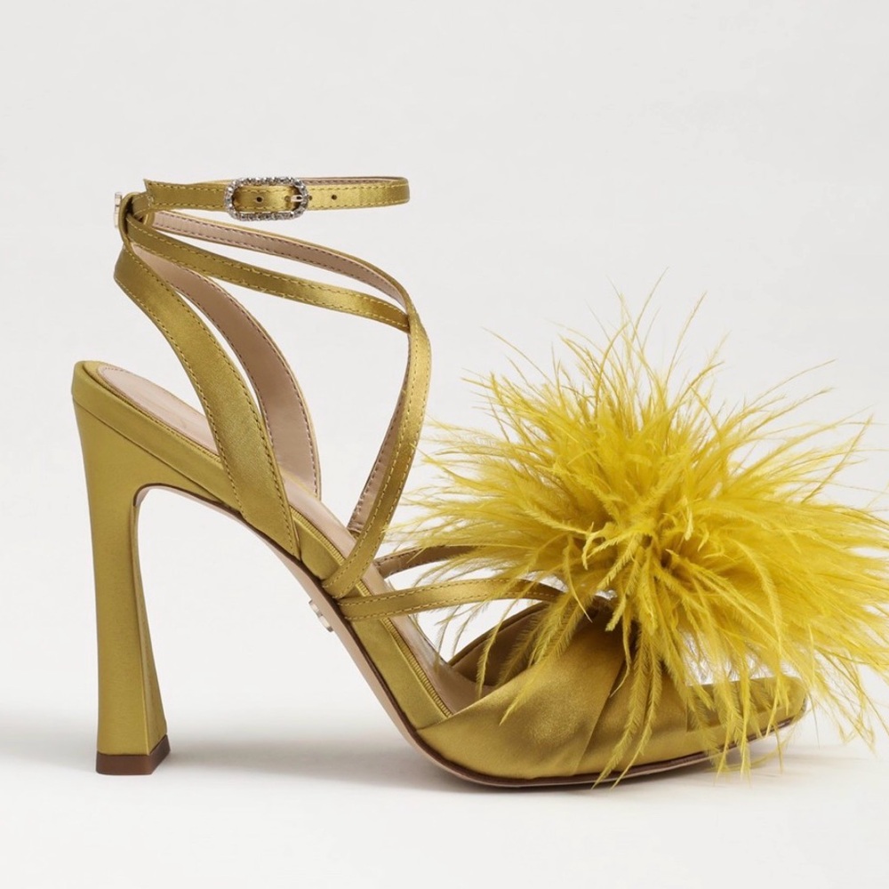 Sam Edelman Layton Feather Strappy Heels Dark Pear Statement Sandals NWT Size 5 - Picture 4 of 15